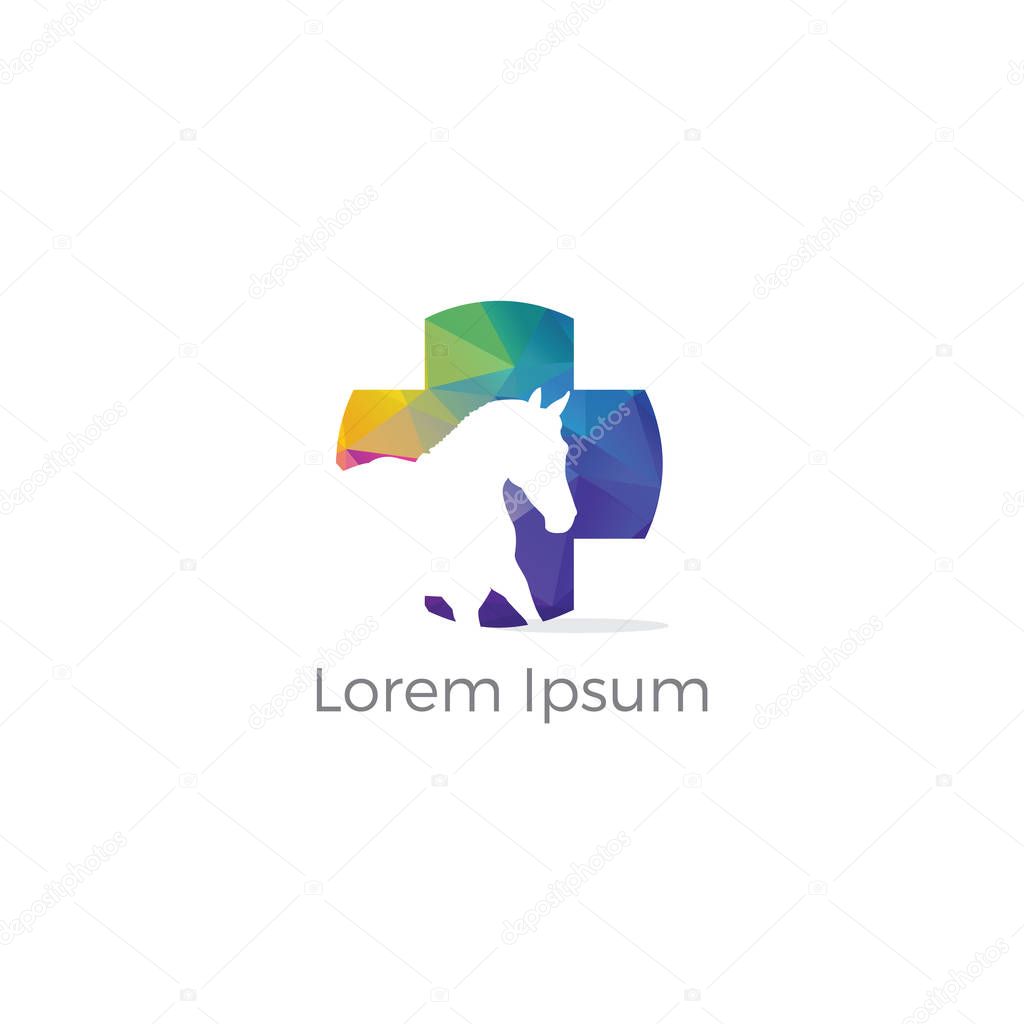 Colorful cross incorporates with dog & horse. It's good for a pet shop, house, clinic, and care, or other pet activity. animal clinic and hospital logo, low poly animal vector.