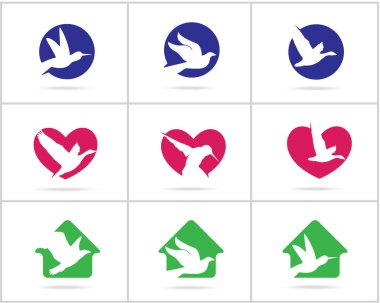 Kuşlar logo koleksiyonu. Kalp simgeleri Ördek, güvercin ve evde Sinekkuşu, Yıldız logosu Şahin ve kartal.