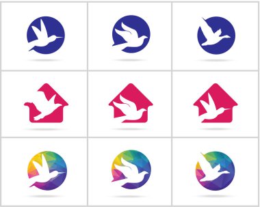 Kuşlar logo koleksiyonu. Kalp simgeleri Ördek, güvercin ve evde Sinekkuşu, Yıldız logosu Şahin ve kartal.