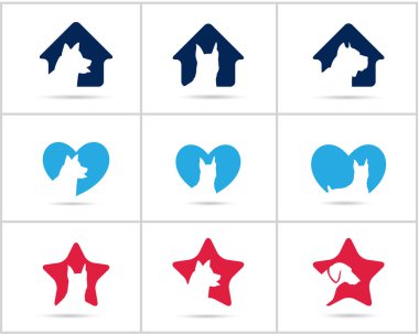 Köpek logoları tasarım seti, evcil hayvan ve hayvan sağlığı ve bakım hastanesi vektör simgeleri, tıbbi haç düşük poli köpekler, yıldız ve ev illüstrasyon.