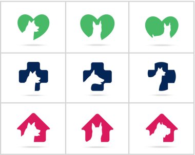 Köpek logoları tasarım seti, evcil hayvan ve hayvan sağlığı ve bakım hastanesi vektör simgeleri, tıbbi bir haç düşük poli köpekler, yıldız ve ev illüstrasyon.