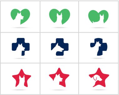 Köpek logoları tasarım seti, evcil hayvan ve hayvan sağlığı ve bakım hastanesi vektör simgeleri, tıbbi bir haç düşük poli köpekler, yıldız ve ev illüstrasyon.