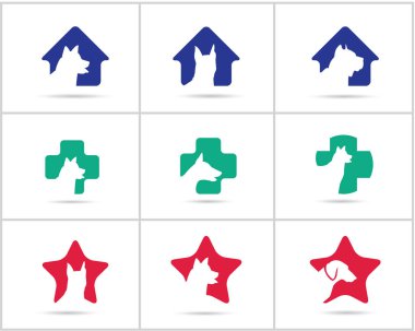 Köpek logoları tasarım seti, evcil hayvan ve hayvan sağlığı ve bakım hastanesi vektör simgeleri, tıbbi bir haç düşük poli köpekler, yıldız ve ev illüstrasyon.