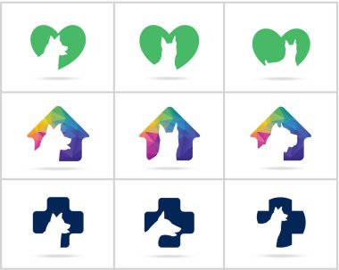 Köpek logoları tasarım seti, evcil hayvan ve hayvan sağlığı ve bakım hastanesi vektör simgeleri, tıbbi bir haç düşük poli köpekler, yıldız ve ev illüstrasyon.