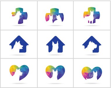 Köpek logoları tasarım seti, evcil hayvan ve hayvan sağlığı ve bakım hastanesi vektör simgeleri, tıbbi bir haç düşük poli köpekler, yıldız ve ev illüstrasyon.