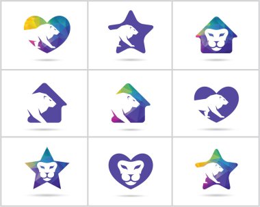 Köpek logoları tasarım seti, evcil hayvan ve hayvan sağlığı ve bakım hastanesi vektör simgeleri, tıbbi bir haç düşük poli köpekler, yıldız ve ev illüstrasyon.