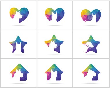 Köpek logoları tasarım seti, evcil hayvan ve hayvan sağlığı ve bakım hastanesi vektör simgeleri, tıbbi bir haç düşük poli köpekler, yıldız ve ev illüstrasyon.