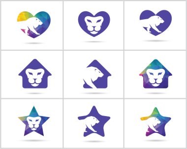 Köpek logoları tasarım seti, evcil hayvan ve hayvan sağlığı ve bakım hastanesi vektör simgeleri, tıbbi bir haç düşük poli köpekler, yıldız ve ev illüstrasyon.