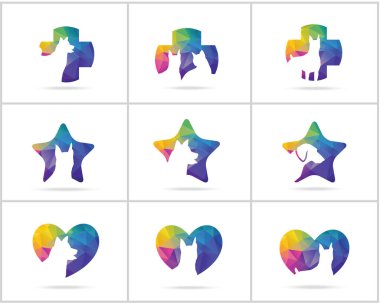 Köpek logoları tasarım seti, evcil hayvan ve hayvan sağlığı ve bakım hastanesi vektör simgeleri, tıbbi bir haç düşük poli köpekler, yıldız ve ev illüstrasyon.