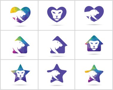 Köpek logoları tasarım seti, evcil hayvan ve hayvan sağlığı ve bakım hastanesi vektör simgeleri, tıbbi bir haç düşük poli köpekler, yıldız ve ev illüstrasyon.