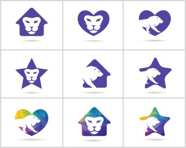 Köpek logoları tasarım seti, evcil hayvan ve hayvan sağlığı ve bakım hastanesi vektör simgeleri, tıbbi bir haç düşük poli köpekler, yıldız ve ev illüstrasyon.