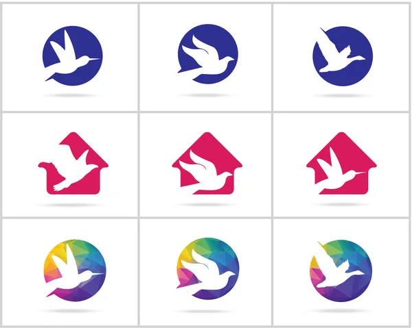 Vögel Logo Kollektion Ente Herzsymbolen Taube Und Kolibri Hause Habicht — Stockvektor