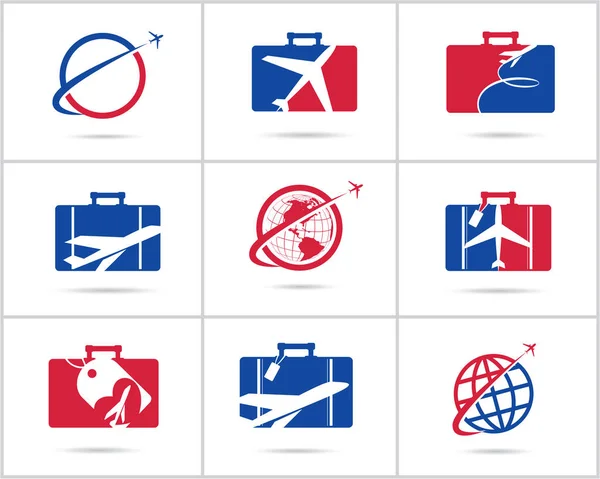 Reizen Logo Instellen Vakantie Vliegtuig Met Tas Ontwerp Illustratie Tour — Stockvector