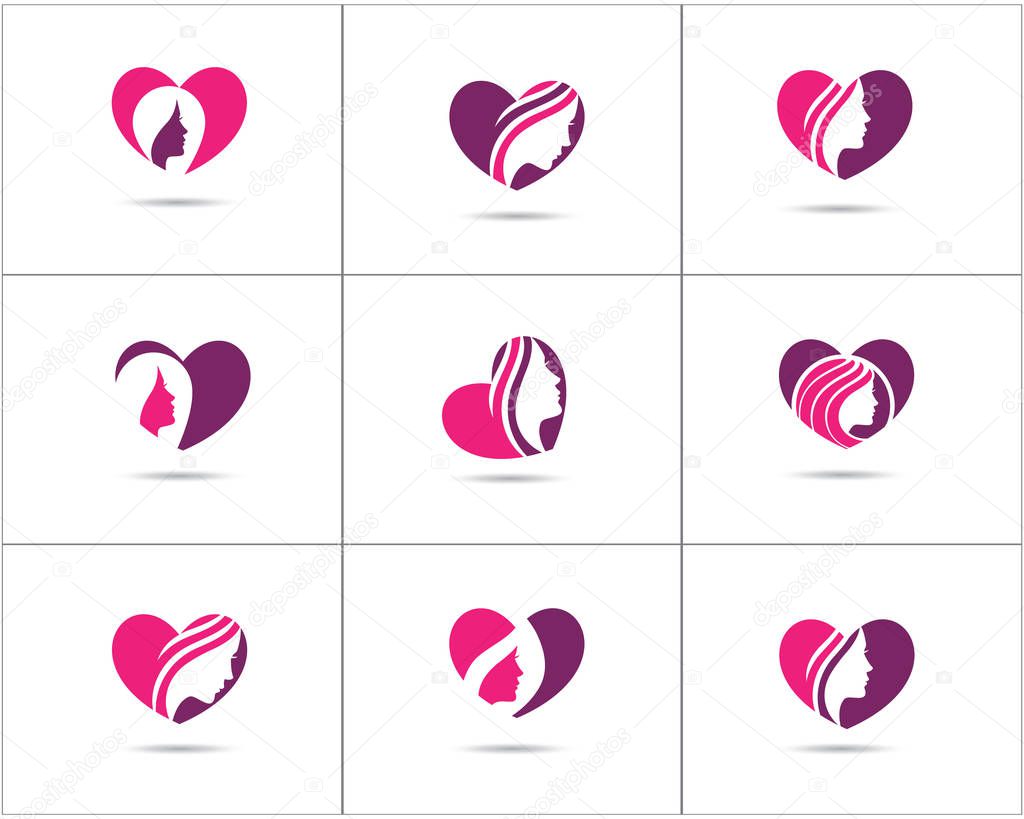 Spa and salon logo design set, Beauty lady in heart shape vector icons, cosmetics, and makeup artist symbol, beauty salon shop logos illustration.