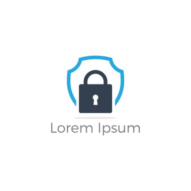 Güvenlik kalkanı logo tasarımı. onay işareti ve kalkan simgesine kilitleyin. Sigorta şirketi güvenlik illüstrasyon.