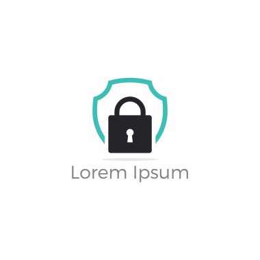 Güvenlik kalkanı logo tasarımı. onay işareti ve kalkan simgesine kilitleyin. Sigorta şirketi güvenlik illüstrasyon.