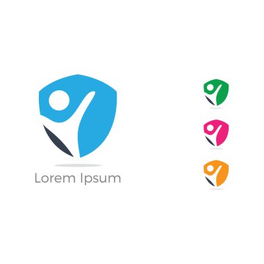 İnsanlar güvenlik kalkanı logo tasarımı. Kalkan simgesindeki mutlu çocuk. Sigorta şirketi güvenlik illüstrasyon. Sadaka ve yetim destek organizasyonu vektör logosu illüstrasyon.