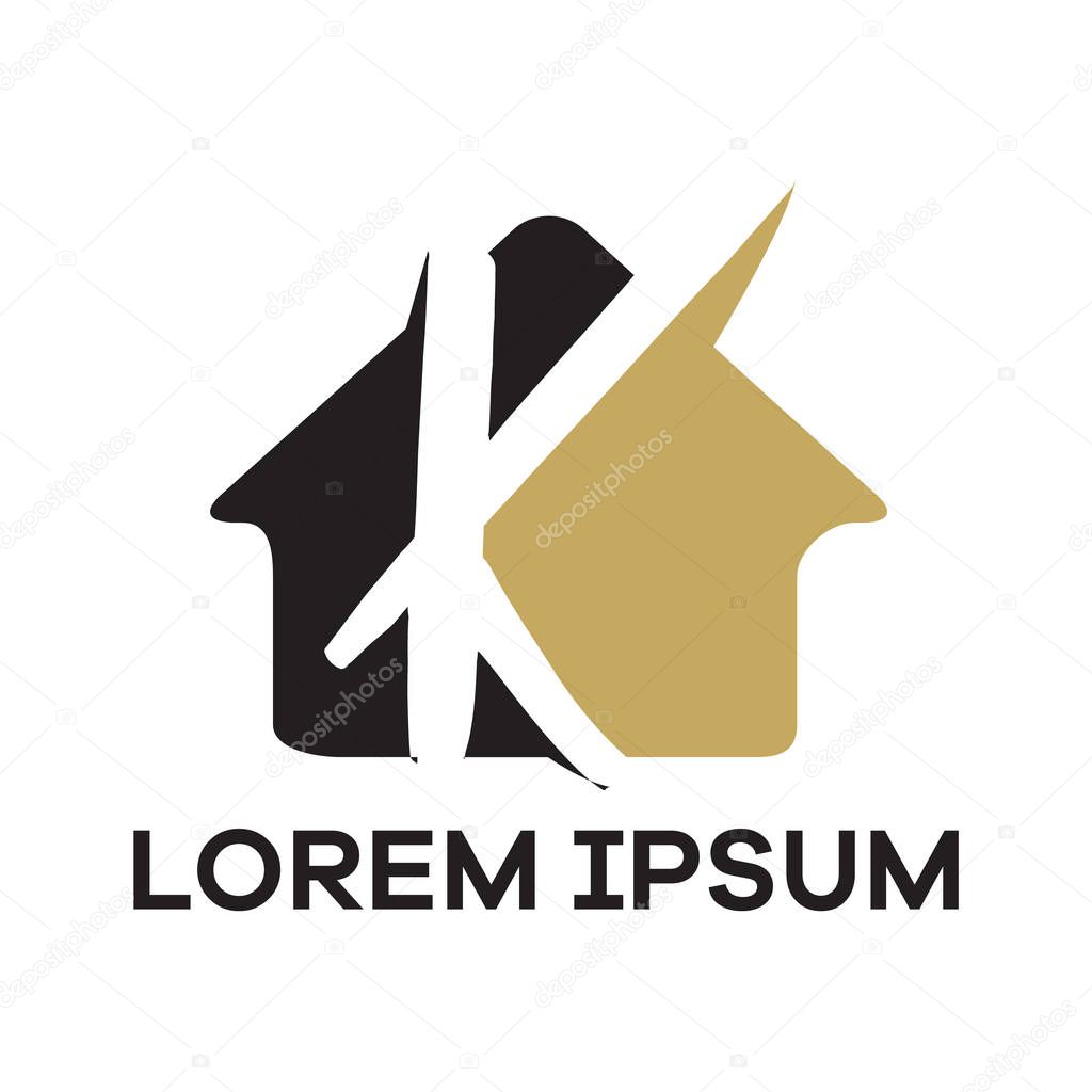 K letter logo design. Letter k in house shape vector illustration.