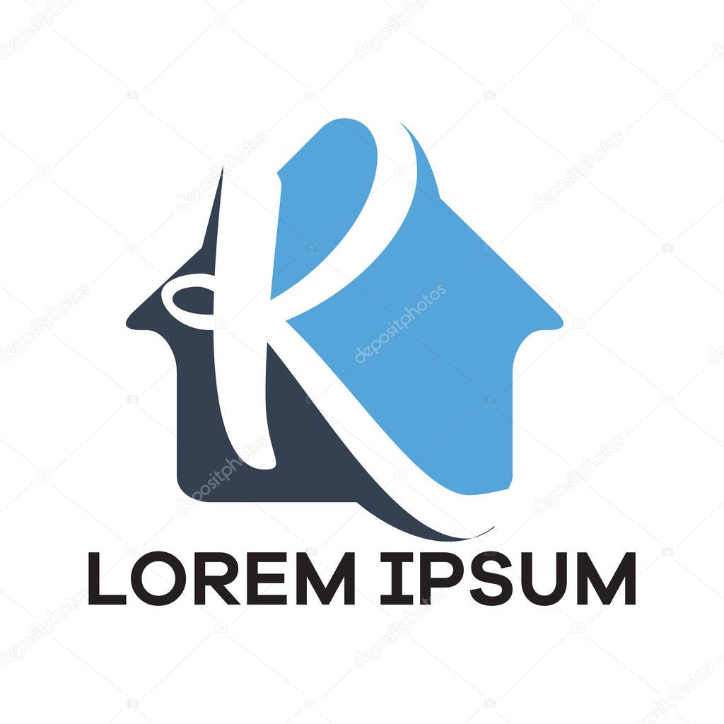 K letter logo design. Letter k in house shape vector illustration.