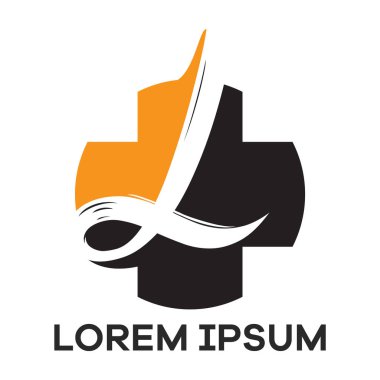 L harfi logo tasarımı, L harfi tıbbi artı şekil vektör illüstrasyon, Hastane ve klinik simgesi.