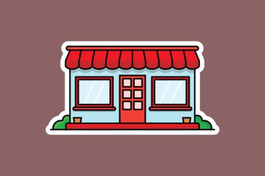 Sokak Restoranı Yapıştırması vektör çizimi. Minimalist ev ikonu konsepti. Restoran binası çıkartması tasarım logosu. Güzel minimalist dükkan, ön manzara vektör tasarımı yapıyor..