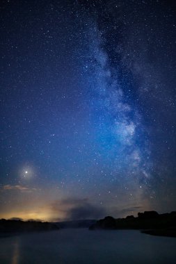 Uzun yaz pozlama, Samanyolu, dikey panorama, Exmoor, Devon, İngiltere. Ufukta ağaçlara ve Mars'ın olduğu bir göle karşı açıkça görülüyor