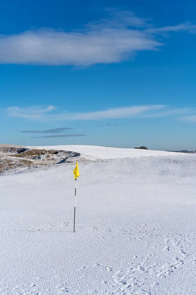Single Yellow Golf Flag Deserted Snow Covered Green Bright Winters — Stock Photo, Image