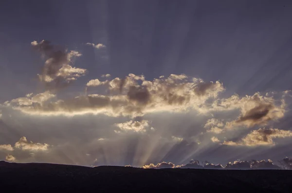 Paysage Coucher Soleil Avec Montagne Nuages Arbres Mirador Los Robledos — Photo