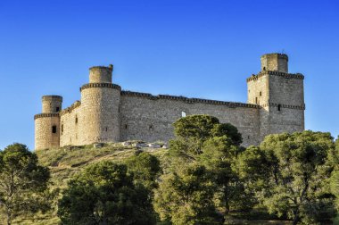 Silva kalenin önünde Barcience, Toledo il içinde ağaçlar ile görünümünü. Castilla La Mancha. İspanya