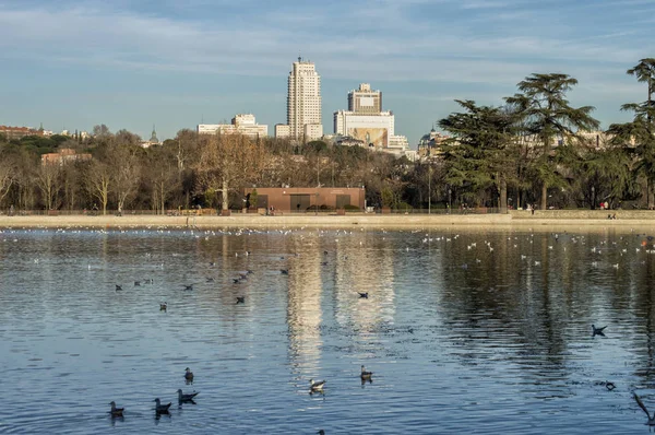 Casa de campo de Madrid arka planda iki gökdelenler ile göl manzarası. İspanya