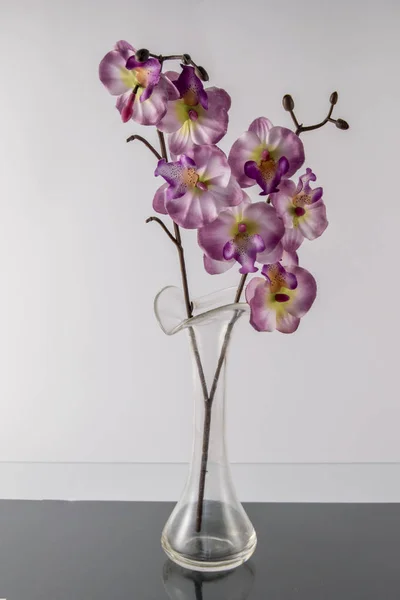 Vaso Vidro Com Buquê Orquídeas Artificiais Uma Base Preta Criando — Fotografia de Stock