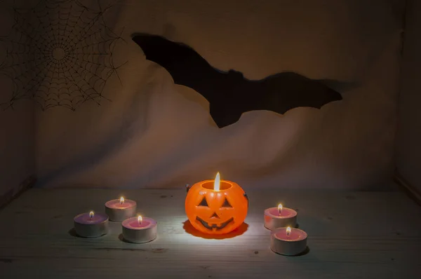 Natura Morta Con Zucca Halloween Isolata Candels Pipistrello Ragnatela — Foto Stock