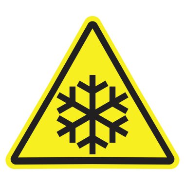 Kar tanesi simgesi olan sarı renk üçgen uyarı işareti. Soğuk, düşük sıcaklık, kar devam.