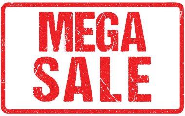 Mega satış tipografi üzerine beyaz izole. Lastik damgası taklit