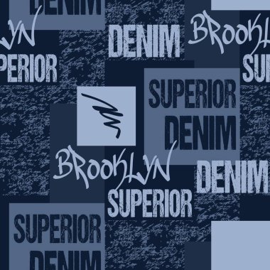 Denim tipografi, Brooklyn New York sanat giyim şablon. Moda kot grafik. Özgün spor giyim için sorunsuz kumaş deseni.