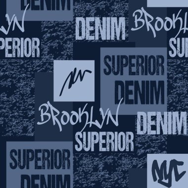 Denim tipografi, Brooklyn New York sanat giyim şablon. Moda kot grafik. Özgün spor giyim için sorunsuz kumaş deseni.