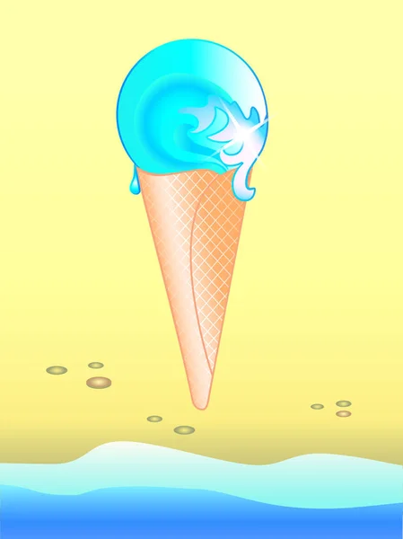 Gelado Mar Waffle Cone Com Uma Onda Dentro Fundo Praia — Vetor de Stock