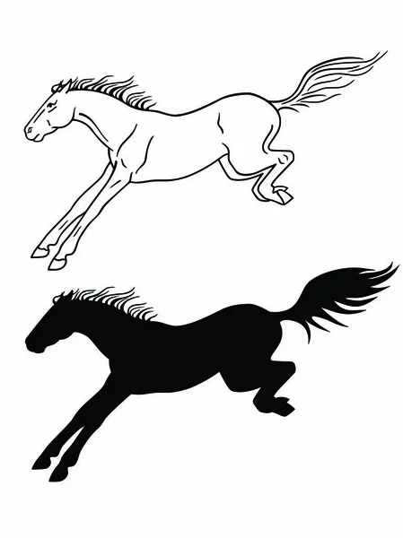 馬はジャンプします 馬の障害を克服した後土地します 馬は線形図とシルエット — ストックベクタ