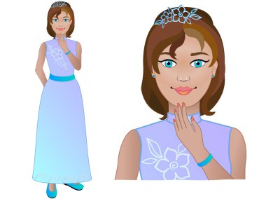 Gelin. Gelinlik kız. Akşam kıyafetleri kadında. Beyaz çiçekli elbise, diadem. Festival kıyafetleri kız.