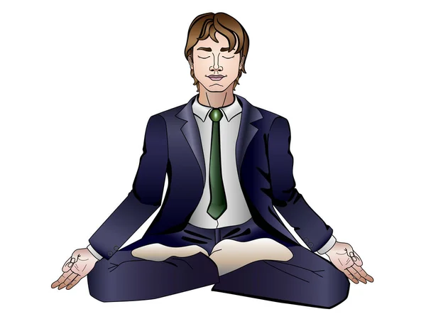 Hombre Meditando Traje Negocios Una Pose Loto Imagen Lineal Con — Vector de stock