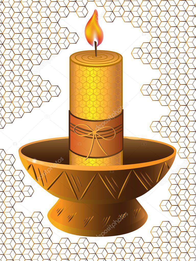 Wax candle in a ceramic candlestick with a background of honeycombs.