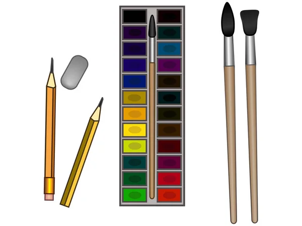 水彩颜料 刷子和铅笔用橡皮擦 为儿童创造的艺术素材 文具和学校用品 — 图库矢量图片