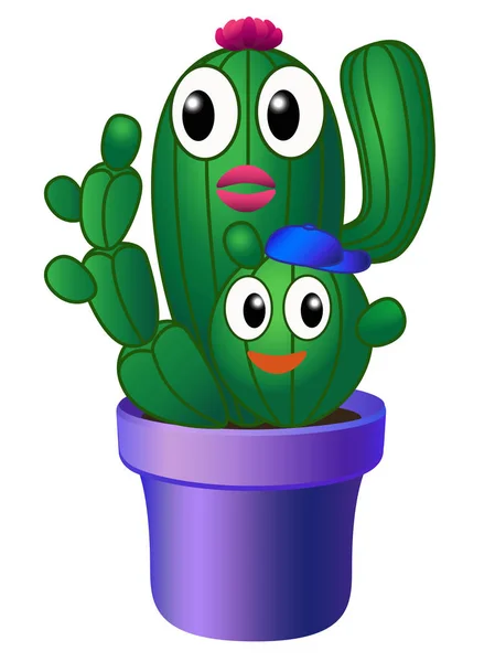 Cactus Verdes Con Ojos Sonrisas Una Maceta Con Una Floración — Vector de stock