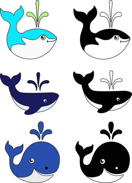 Set of funny color and black and white whales. Illustrations with whales for children. Marine mammals.