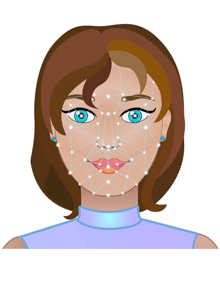 Identificación Facial Detección Rostros Tecnología Cara Una Chica Con Puntos — Vector de stock