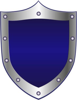 Metal kenarlık ile mavi boş kalkan. Metin veya görüntü için mockup. Kalkan metin için alan.