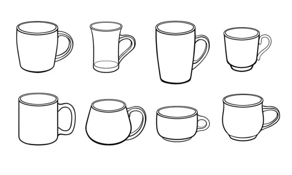 Conjunto Tazas Para Café Diferentes Tamaños Formas Dibujo Lineal Vectorial — Archivo Imágenes Vectoriales