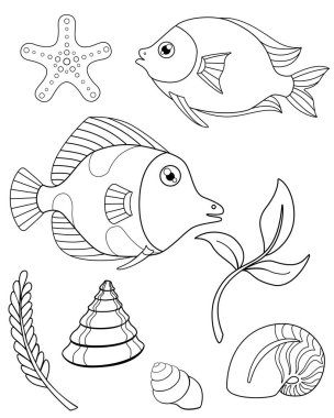 Akvaryum veya tropikal balık, bitki ve boyama için yumuşakçalar seti. Balık, denizyıldızı yosunu ve kabukları ile vektör doğrusal resimler. Anahat.