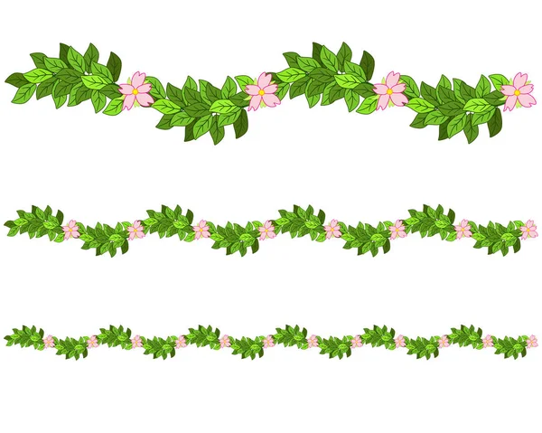 Sömlös Krans Löv Och Blommor Små Rosa Blommor Grönt Lövverk — Stock vektor