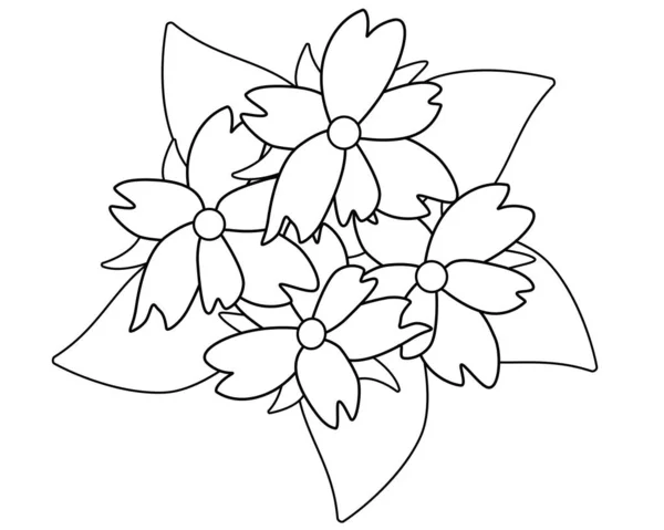 4つの花と葉の花序 ブーケ トップビュー 着色のためのベクトル線形画像 花嫁の花束 — ストックベクタ